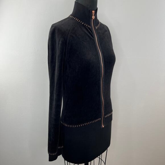 90s Y2K Twisted Heart Black Velour Zip Rose Gold Embellished Jacket Sweater M - Picture 3 of 7
